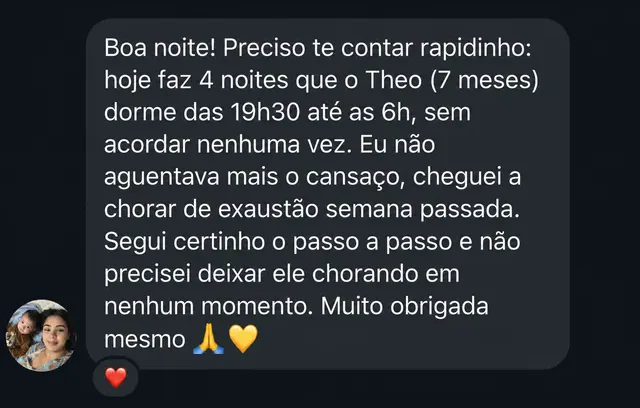 Mensagem de WhatsApp: Théo, 7 meses, passou a dormir das 19h30 às 6h sem acordar.